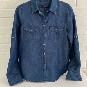 Womens Classic Denim Blue Jean Collared Blouse Size 6 Petite